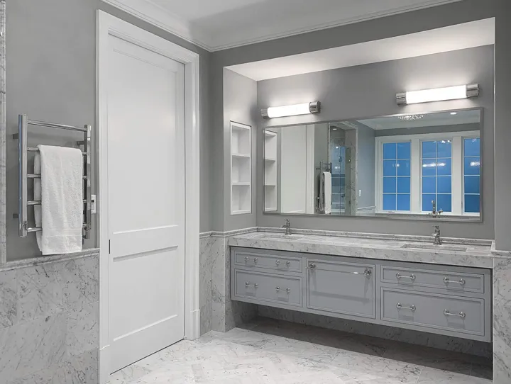 transitional master bathroom, floating vanity , contemporary custom home , luxury custom home , age in place , age in place design , age in place renovation