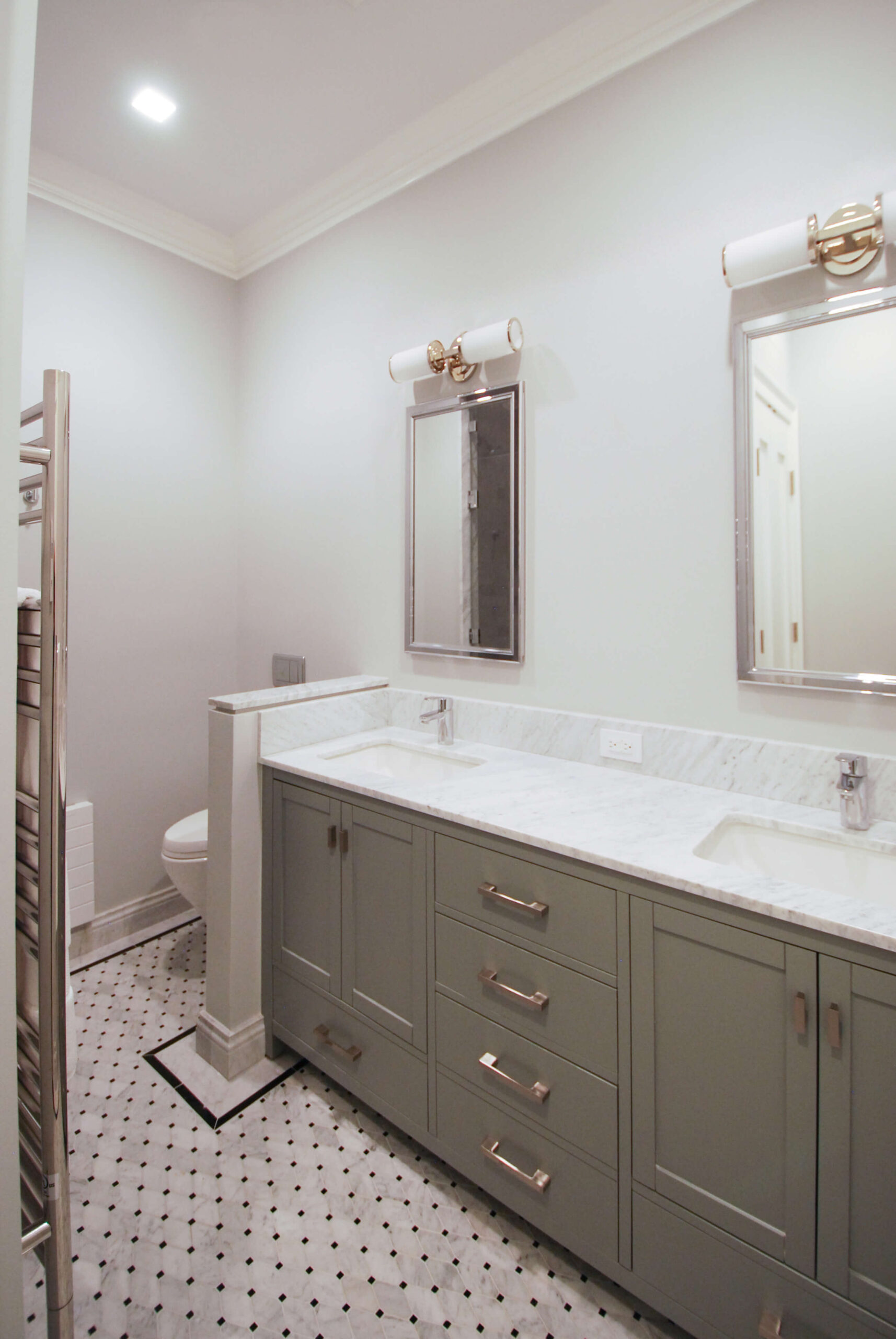 transitional bathroom , mosaic flooring , marble countertop , custom home , full house renovation , home renovation