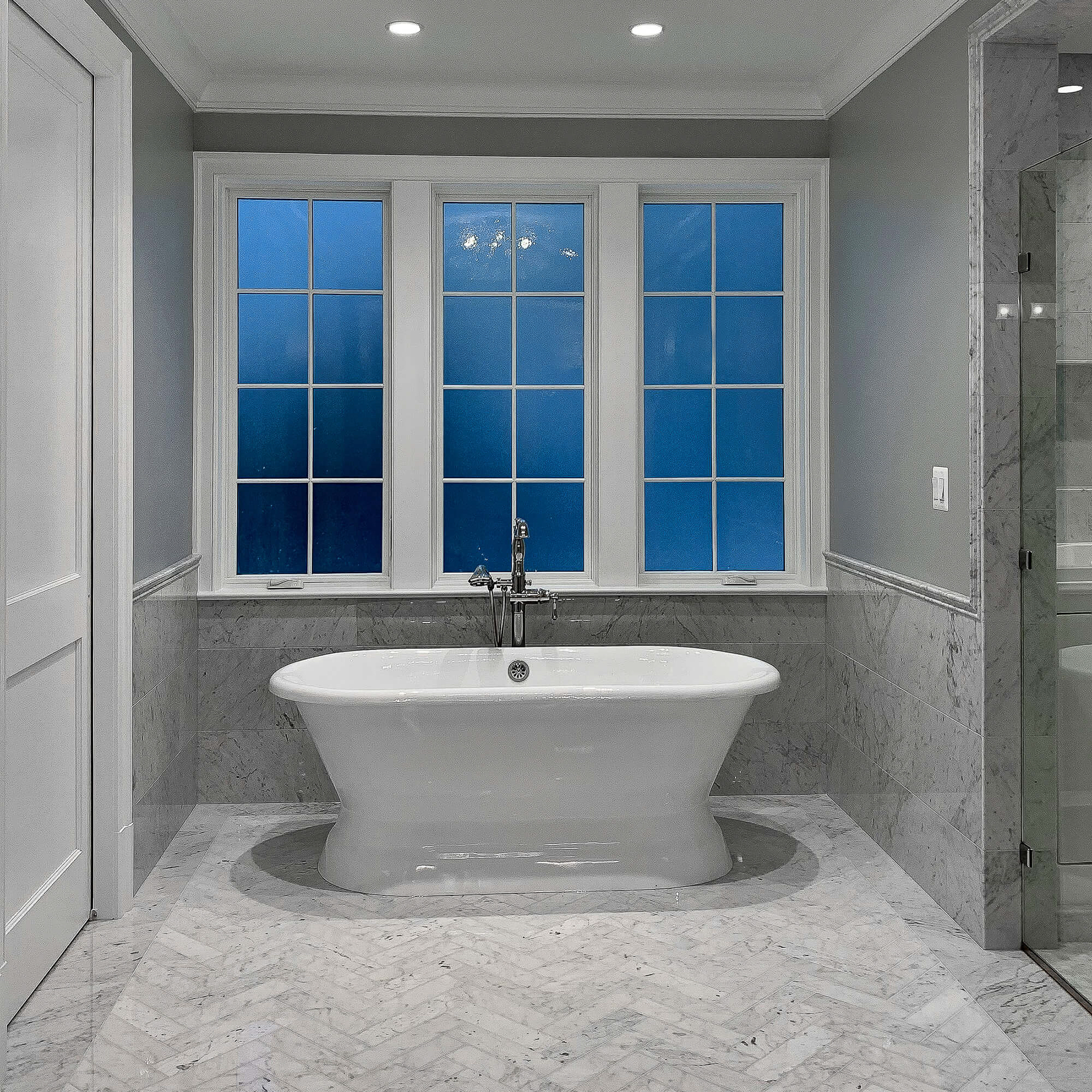 transitional master bathroom, marble flooring , contemporary custom home , luxury custom home