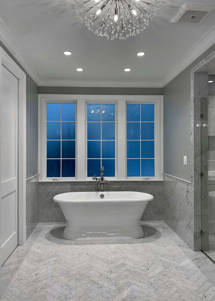 transitional master bathroom, marble flooring , contemporary custom home , luxury custom home age in place , age in place design , age in place renovation