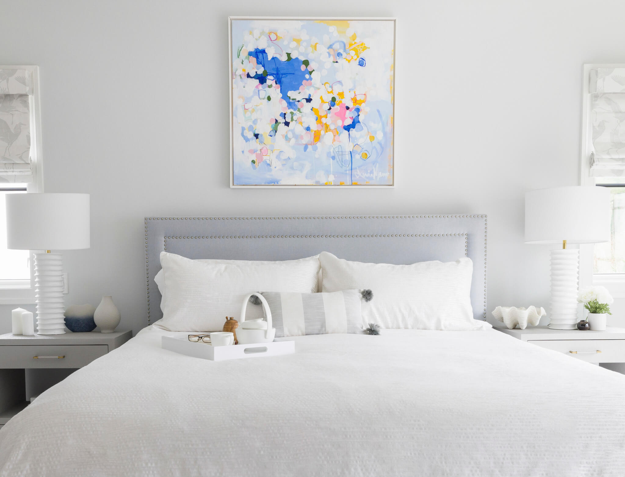 light blue palette master bedroom, nail head headboard , transitional bedroom , serene bedroom design , tranquil retreat