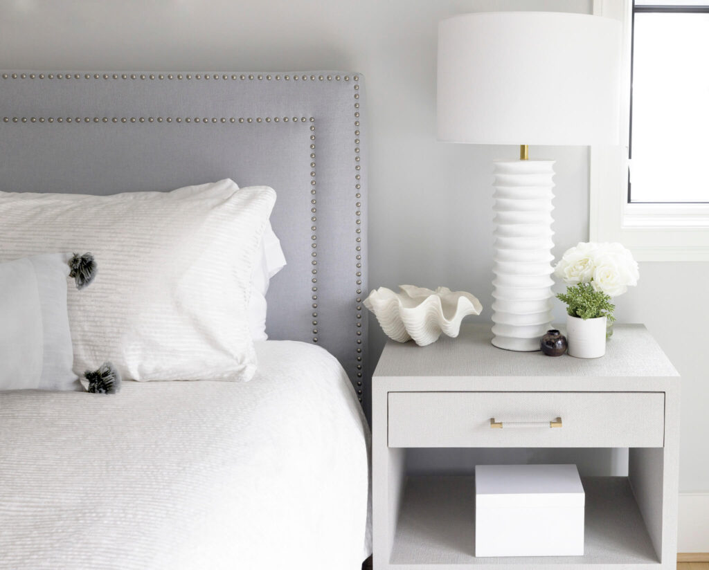 light blue palette master bedroom, nail head headboard , transitional bedroom , serene bedroom design