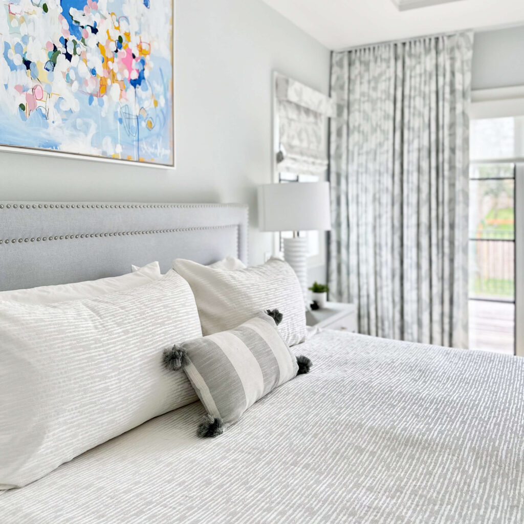 light blue palette master bedroom, nail head headboard , transitional bedroom , serene bedroom design , tranquil retreat , interior design