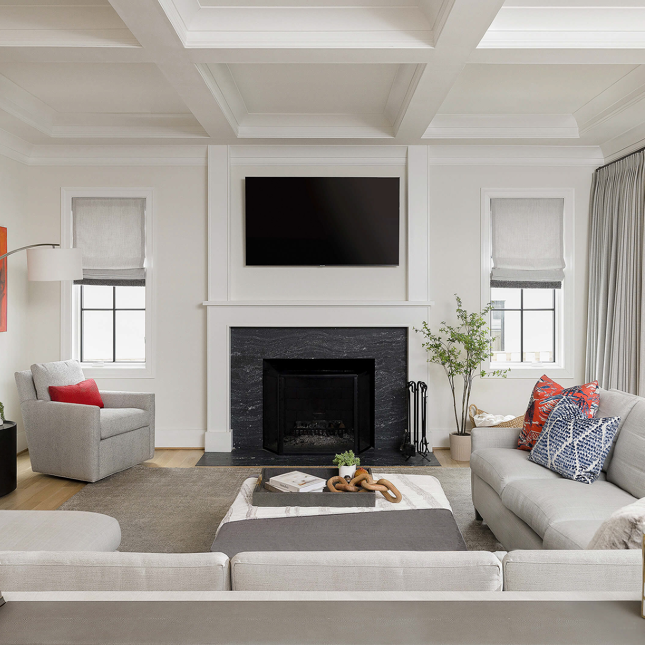 Custom home, transitional living room , red and blue accent pillows