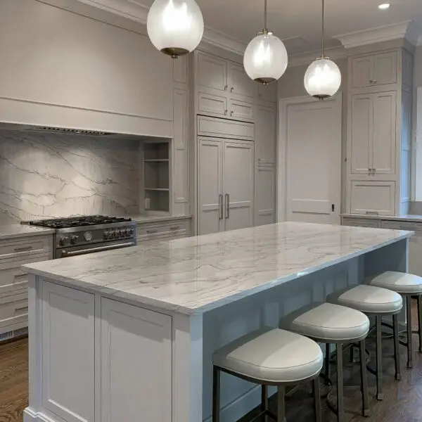 transitional kitchen, quartzite slab backsplash , inset cabinetry , luxury custom home