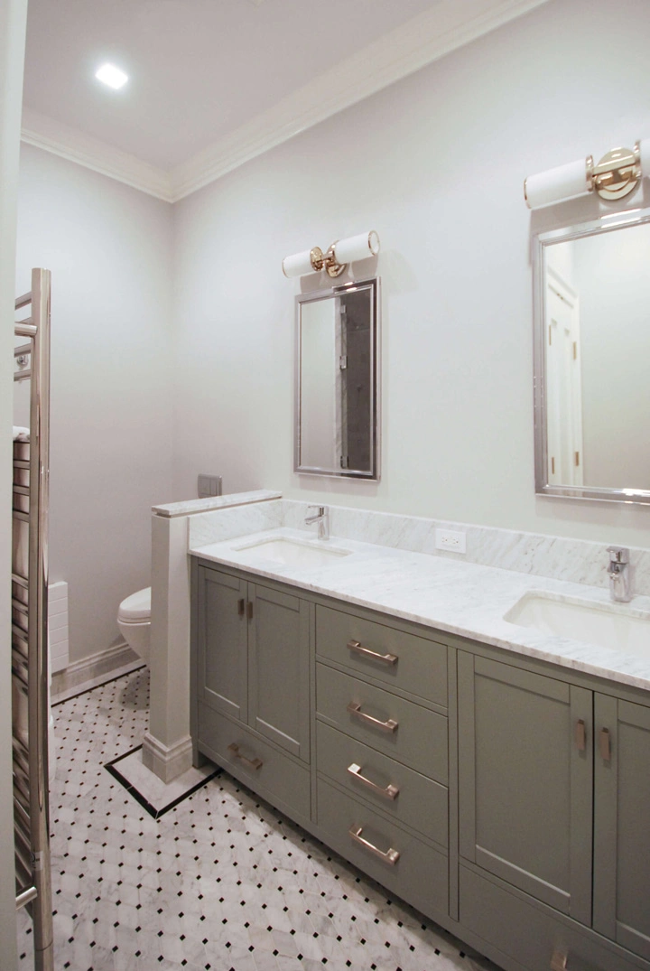 transitional bathroom , mosaic flooring , marble countertop , custom home , full house renovation , home renovation