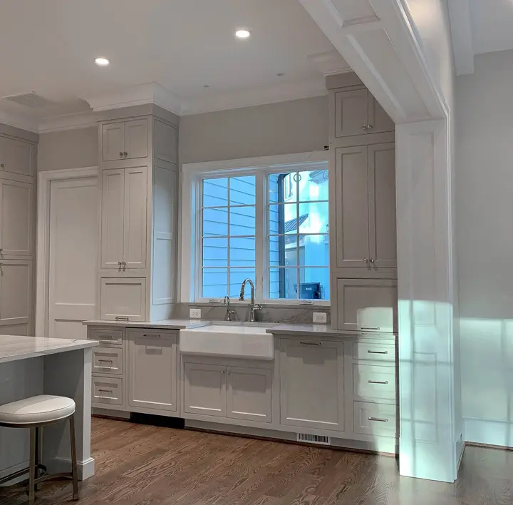 transitional kitchen, quartzite slab backsplash , inset cabinetry , luxury custom home