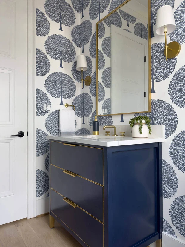 Bespoke Powder Room , Blue and gold powder room, transitional powder room , custom home design