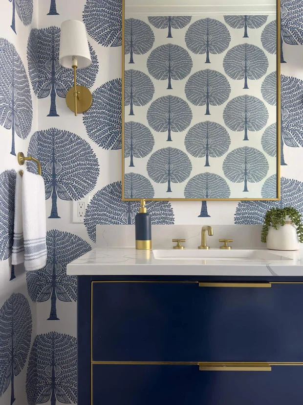 Top interior designer , Blue and gold powder room, transitional powder room , Award-winning interior design