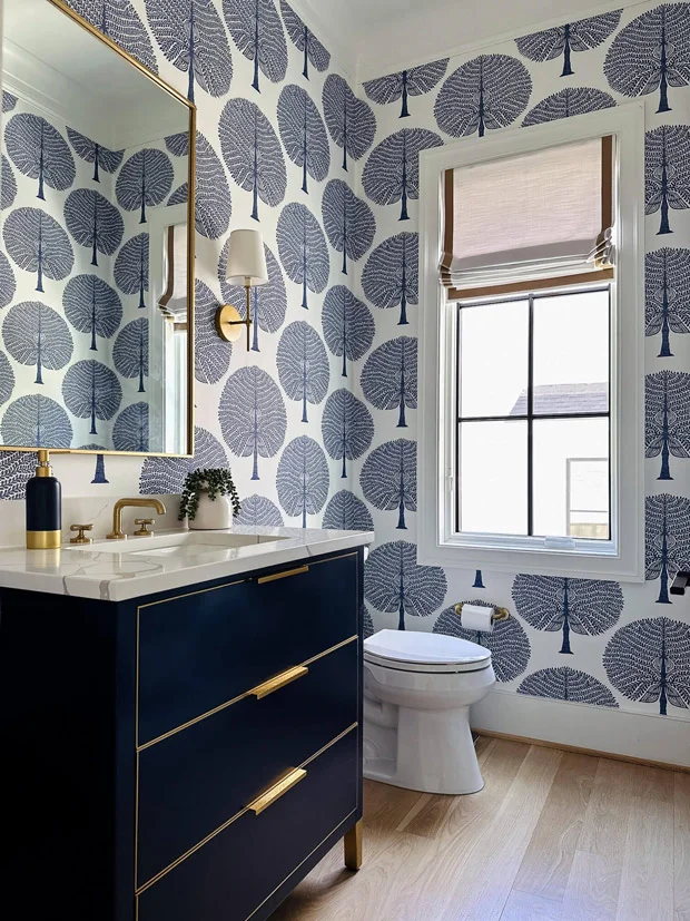 Bespoke Powder Room , Blue and gold powder room, transitional powder room , custom home design