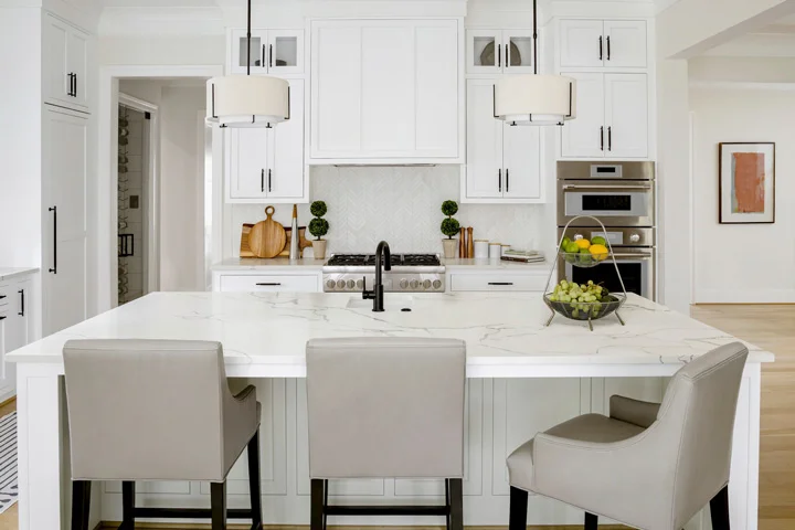 transitional dining room, shaker style cabinetry, quartz countertop, custom home